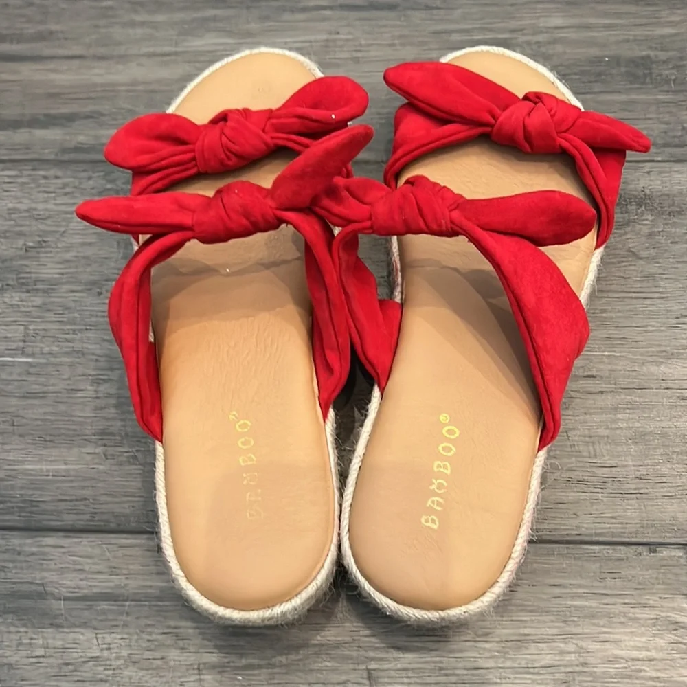 Bamboo Bow Tie Espadrille Flatform Slip-On Sandals Red Womens Size 8‎